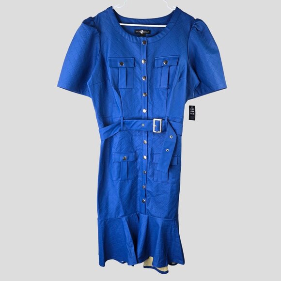 Ashley Stewart Faux Leather Midi Dress Royal Blue Button Down Belted Edgy Retro - Picture 2 of 13